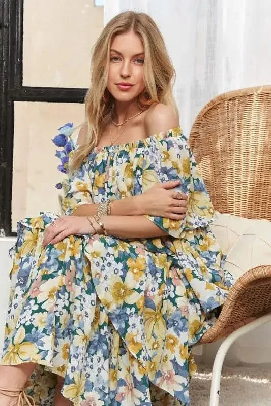 ADORA Layered Floral Off-Shoulder Short Sleeve Maxi Dress - SwagglyLife Home & Fashion